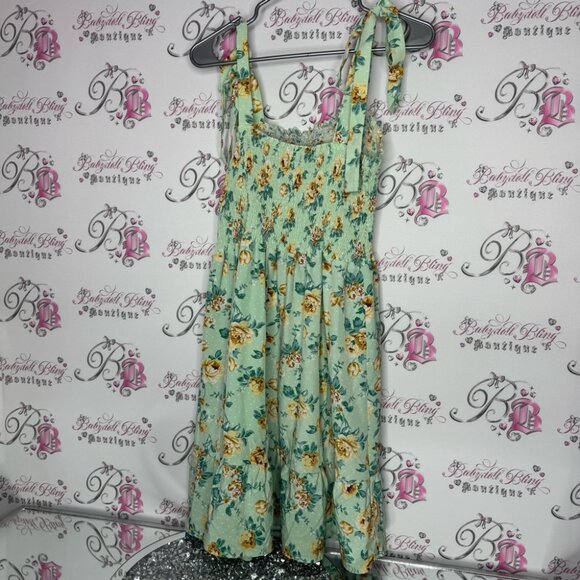 Floral Smocked Dress with Tie Straps green blue yellow flowers stretchy summer - Picture 5 of 8